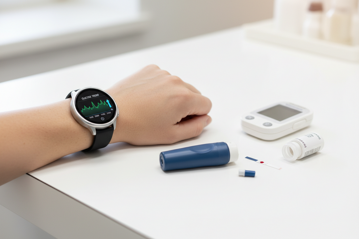 Smartwatch displaying a glucose trend graph on screen placed next to a traditional blood glucose fingerstick test kit, illustrating the difference between non-invasive wearable glucose trend tracking and accurate medical fingerstick testing