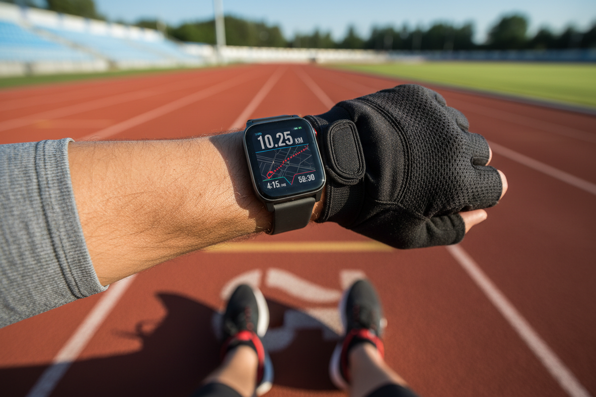 Runner standing on an athletics track wearing a smartwatch displaying GPS distance and pace data, illustrating how to calibrate smartwatch accuracy for walking, running, and cycling workouts